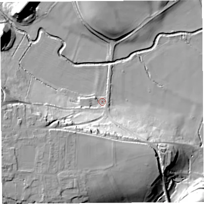 Shaded relief map of the ground around TA117BS, computed from Environment Agency LiDAR. The ground here sits at about 12 m above sea level and falls 31 m across the surrounding 800 m. Surface water reaching this point runs off ground lying to the west-south-west, 26.8 m higher.
