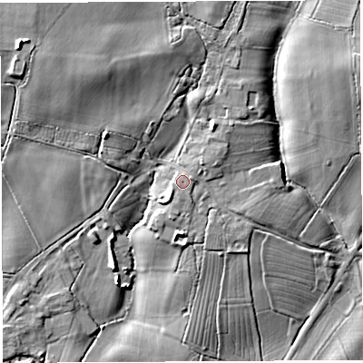 Shaded relief map of the ground around TA117DN, computed from Environment Agency LiDAR. The ground here sits at about 26 m above sea level and falls 18 m across the surrounding 800 m. The ground contributing surface water to this point lies to the south-south-west.