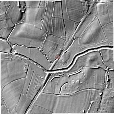 Shaded relief map of the ground around TA117DP, computed from Environment Agency LiDAR. The ground here sits at about 20 m above sea level and falls 12 m across the surrounding 800 m. Surface water reaching this point runs off ground lying to the north, 6.8 m higher.