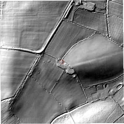 Shaded relief map of the ground around TA117DS, computed from Environment Agency LiDAR. The ground here sits at about 31 m above sea level and falls 16 m across the surrounding 800 m. Surface water reaching this point runs off ground lying to the north-north-west, 3.2 m higher.