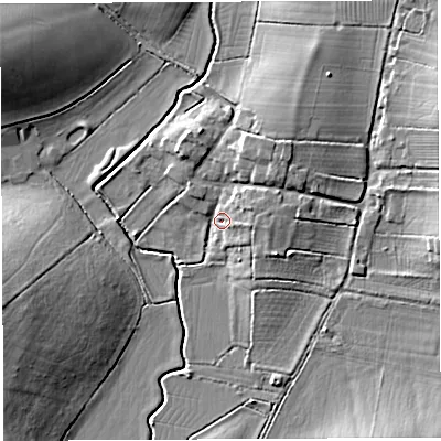 Shaded relief map of the ground around TA117DU, computed from Environment Agency LiDAR. The ground here sits at about 22 m above sea level and falls 12 m across the surrounding 800 m. Surface water reaching this point runs off ground lying to the north-east, 4.7 m higher.