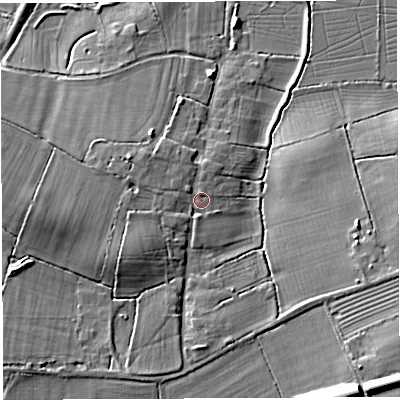 Shaded relief map of the ground around TA117HD, computed from Environment Agency LiDAR. The ground here sits at about 24 m above sea level and falls 12 m across the surrounding 800 m. Surface water reaching this point runs off ground lying to the west, 6.3 m higher.