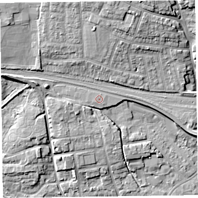 Shaded relief map of the ground around TA11AA, computed from Environment Agency LiDAR. The ground here sits at about 20 m above sea level and falls 15 m across the surrounding 800 m. The ground contributing surface water to this point lies to the south-west.