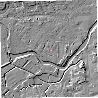 Shaded relief map of the ground around TA11AD, computed from Environment Agency LiDAR. The ground here sits at about 16 m above sea level and falls 8 m across the surrounding 800 m. Surface water reaching this point runs off ground lying to the north-north-east, 0.6 m higher.
