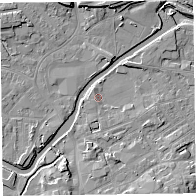 Shaded relief map of the ground around TA11AE, computed from Environment Agency LiDAR. The ground here sits at about 16 m above sea level and falls 11 m across the surrounding 800 m. Surface water reaching this point runs off ground lying to the south-south-west, 1.4 m higher.