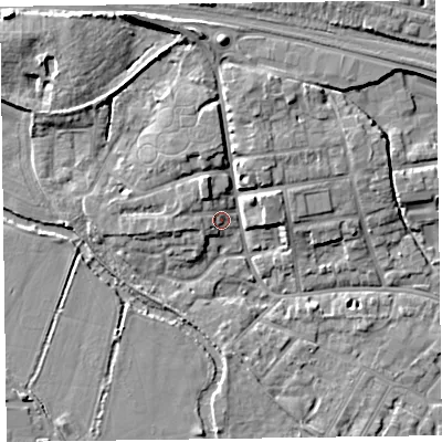 Shaded relief map of the ground around TA11AF, computed from Environment Agency LiDAR. The ground here sits at about 17 m above sea level and falls 12 m across the surrounding 800 m. Surface water reaching this point runs off ground lying to the west, 3.8 m higher.