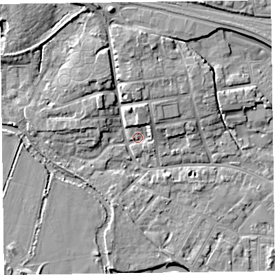 Shaded relief map of the ground around TA11AH, computed from Environment Agency LiDAR. The ground here sits at about 16 m above sea level and falls 10 m across the surrounding 800 m. Surface water reaching this point runs off ground lying to the north, 5.1 m higher.