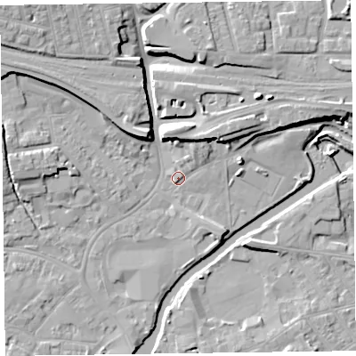 Shaded relief map of the ground around TA11AJ, computed from Environment Agency LiDAR. The ground here sits at about 16 m above sea level and falls 12 m across the surrounding 800 m. Surface water reaching this point runs off ground lying to the north-east, 3.2 m higher.