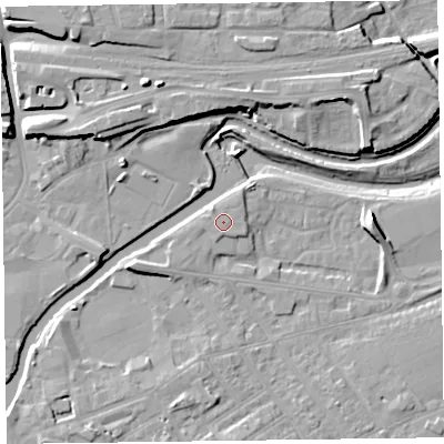 Shaded relief map of the ground around TA11AS, computed from Environment Agency LiDAR. The ground here sits at about 16 m above sea level and falls 11 m across the surrounding 800 m. The ground contributing surface water to this point lies to the east-south-east.