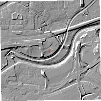 Shaded relief map of the ground around TA11AT, computed from Environment Agency LiDAR. The ground here sits at about 17 m above sea level and falls 14 m across the surrounding 800 m. Surface water reaching this point runs off ground lying to the west-north-west, 4.2 m higher.