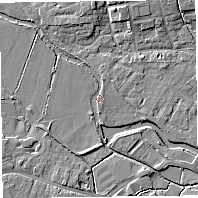 Shaded relief map of the ground around TA11AW, computed from Environment Agency LiDAR. The ground here sits at about 16 m above sea level and falls 7 m across the surrounding 800 m. Surface water reaching this point runs off ground lying to the west-south-west, 4.3 m higher.