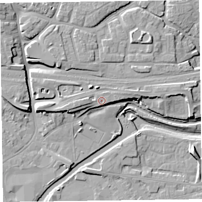Shaded relief map of the ground around TA11AX, computed from Environment Agency LiDAR. The ground here sits at about 20 m above sea level and falls 13 m across the surrounding 800 m. Surface water reaching this point runs off ground lying to the north-east, 4.4 m higher.