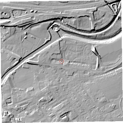 Shaded relief map of the ground around TA11AY, computed from Environment Agency LiDAR. The ground here sits at about 14 m above sea level and falls 11 m across the surrounding 800 m. Surface water reaching this point runs off ground lying to the east-north-east, 6.6 m higher.