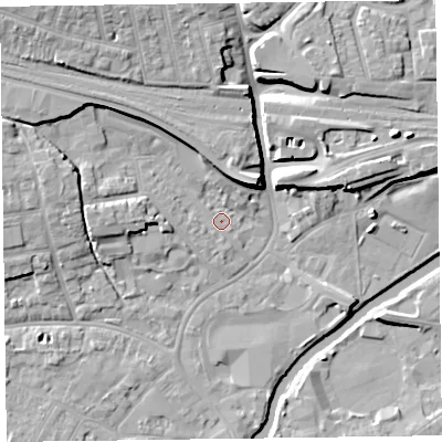 Shaded relief map of the ground around TA11BA, computed from Environment Agency LiDAR. The ground here sits at about 15 m above sea level and falls 11 m across the surrounding 800 m. Surface water reaching this point runs off ground lying to the west-north-west, 6.3 m higher.