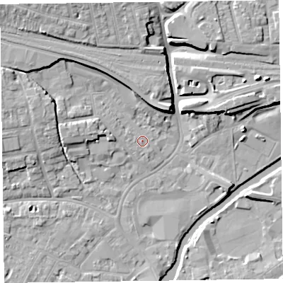 Shaded relief map of the ground around TA11BB, computed from Environment Agency LiDAR. The ground here sits at about 16 m above sea level and falls 10 m across the surrounding 800 m. Surface water reaching this point runs off ground lying to the west-north-west, 1.1 m higher.