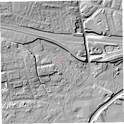 Shaded relief map of the ground around TA11BD, computed from Environment Agency LiDAR. The ground here sits at about 16 m above sea level and falls 13 m across the surrounding 800 m. Surface water reaching this point runs off ground lying to the west-north-west, 6.3 m higher.