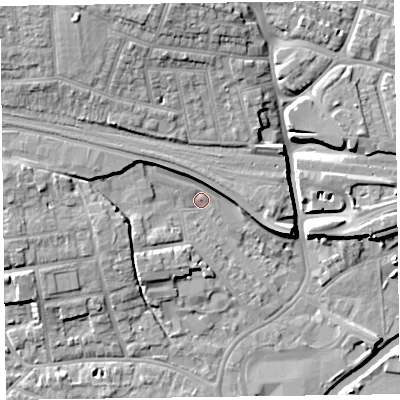 Shaded relief map of the ground around TA11BJ, computed from Environment Agency LiDAR. The ground here sits at about 16 m above sea level and falls 14 m across the surrounding 800 m. Surface water reaching this point runs off ground lying to the west, 6.1 m higher.