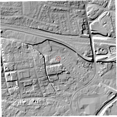 Shaded relief map of the ground around TA11BN, computed from Environment Agency LiDAR. The ground here sits at about 16 m above sea level and falls 13 m across the surrounding 800 m. Surface water reaching this point runs off ground lying to the south-west, 3.5 m higher.
