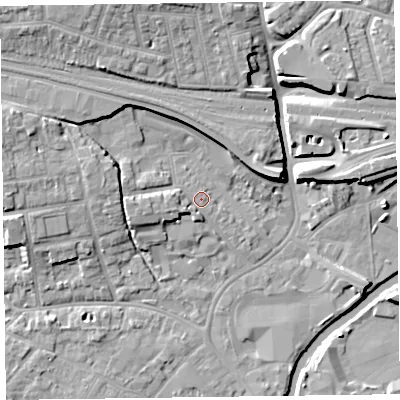 Shaded relief map of the ground around TA11BS, computed from Environment Agency LiDAR. The ground here sits at about 16 m above sea level and falls 12 m across the surrounding 800 m. Surface water reaching this point runs off ground lying to the west, 2.6 m higher.