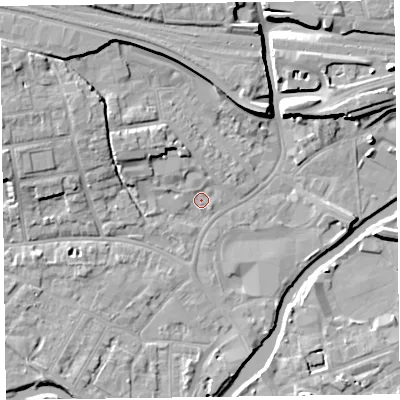 Shaded relief map of the ground around TA11BT, computed from Environment Agency LiDAR. The ground here sits at about 15 m above sea level and falls 9 m across the surrounding 800 m. Surface water reaching this point runs off ground lying to the north-west, 7.2 m higher.
