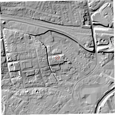 Shaded relief map of the ground around TA11BU, computed from Environment Agency LiDAR. The ground here sits at about 18 m above sea level and falls 12 m across the surrounding 800 m. Surface water reaching this point runs off ground lying to the west, 2.3 m higher.