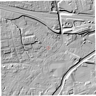 Shaded relief map of the ground around TA11BW, computed from Environment Agency LiDAR. The ground here sits at about 16 m above sea level and falls 9 m across the surrounding 800 m. Surface water reaching this point runs off ground lying to the west-north-west, 3.7 m higher.