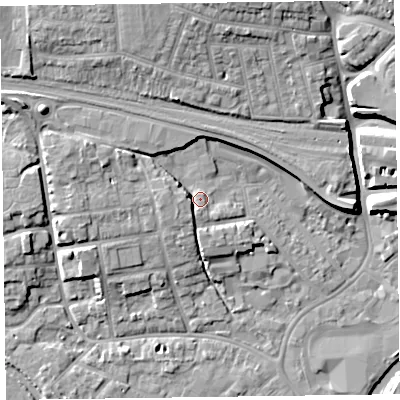 Shaded relief map of the ground around TA11BY, computed from Environment Agency LiDAR. The ground here sits at about 18 m above sea level and falls 13 m across the surrounding 800 m. Surface water reaching this point runs off ground lying to the west-south-west, 3.7 m higher.