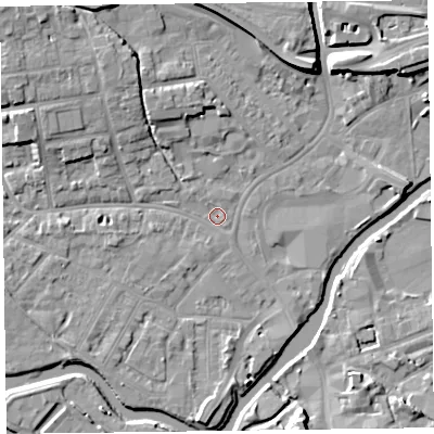 Shaded relief map of the ground around TA11DA, computed from Environment Agency LiDAR. The ground here sits at about 15 m above sea level and falls 9 m across the surrounding 800 m. Surface water reaching this point runs off ground lying to the north-west, 7.2 m higher.