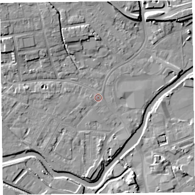 Shaded relief map of the ground around TA11DB, computed from Environment Agency LiDAR. The ground here sits at about 15 m above sea level and falls 9 m across the surrounding 800 m. Surface water reaching this point runs off ground lying to the north-west, 6.8 m higher.
