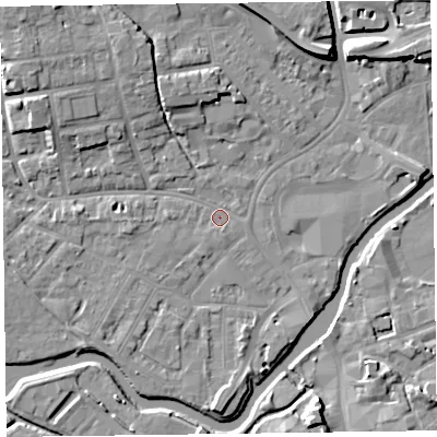 Shaded relief map of the ground around TA11DE, computed from Environment Agency LiDAR. The ground here sits at about 15 m above sea level and falls 9 m across the surrounding 800 m. Surface water reaching this point runs off ground lying to the north-west, 7.2 m higher.