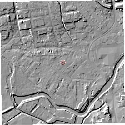 Shaded relief map of the ground around TA11DF, computed from Environment Agency LiDAR. The ground here sits at about 16 m above sea level and falls 9 m across the surrounding 800 m. The ground contributing surface water to this point lies to the north-east.