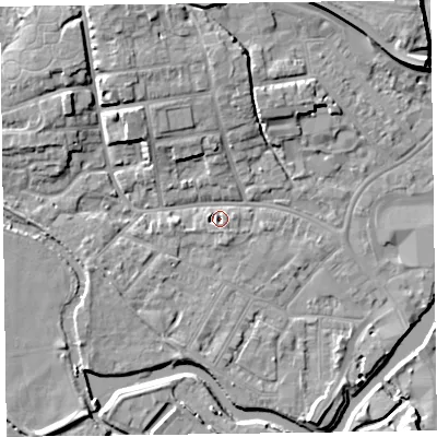Shaded relief map of the ground around TA11DG, computed from Environment Agency LiDAR. The ground here sits at about 15 m above sea level and falls 9 m across the surrounding 800 m. Surface water reaching this point runs off ground lying to the west, 2.5 m higher.