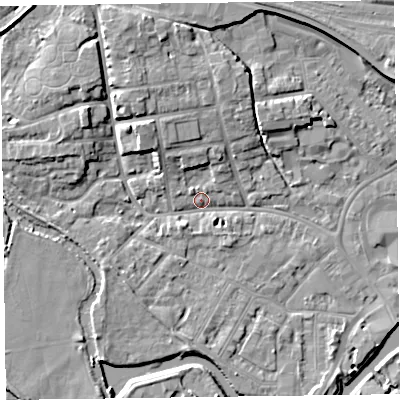 Shaded relief map of the ground around TA11DJ, computed from Environment Agency LiDAR. The ground here sits at about 16 m above sea level and falls 8 m across the surrounding 800 m. Surface water reaching this point runs off ground lying to the north-north-west, 6.7 m higher.
