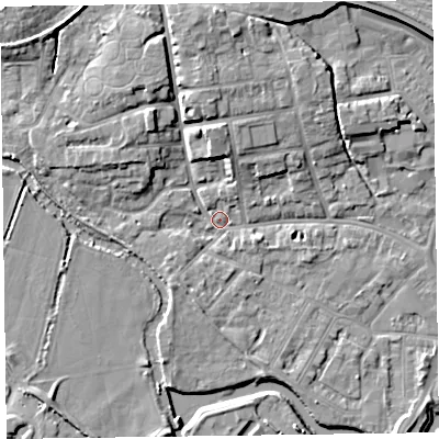 Shaded relief map of the ground around TA11DL, computed from Environment Agency LiDAR. The ground here sits at about 15 m above sea level and falls 9 m across the surrounding 800 m. Surface water reaching this point runs off ground lying to the north, 6.6 m higher.