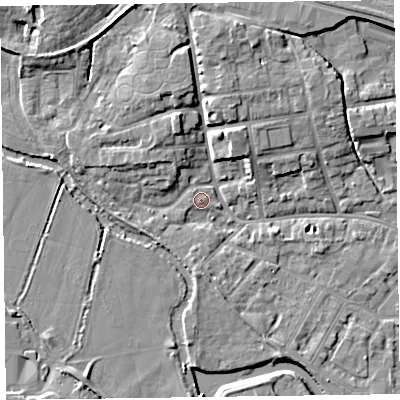 Shaded relief map of the ground around TA11DN, computed from Environment Agency LiDAR. The ground here sits at about 16 m above sea level and falls 9 m across the surrounding 800 m. Surface water reaching this point runs off ground lying to the south-south-east, 0.8 m higher.