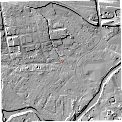 Shaded relief map of the ground around TA11DQ, computed from Environment Agency LiDAR. The ground here sits at about 15 m above sea level and falls 9 m across the surrounding 800 m. Surface water reaching this point runs off ground lying to the north-west, 7.4 m higher.