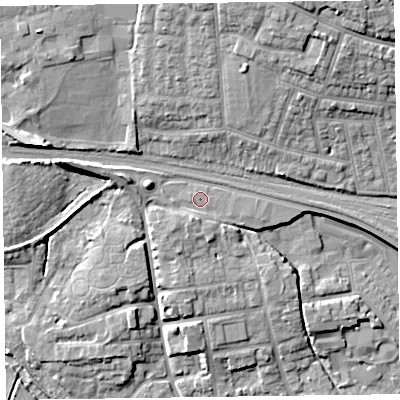 Shaded relief map of the ground around TA11DU, computed from Environment Agency LiDAR. The ground here sits at about 20 m above sea level and falls 15 m across the surrounding 800 m. Surface water reaching this point runs off ground lying to the south-south-west, 1.9 m higher.