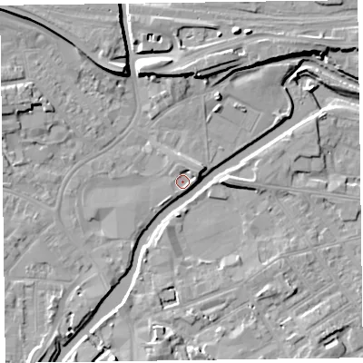 Shaded relief map of the ground around TA11DX, computed from Environment Agency LiDAR. The ground here sits at about 15 m above sea level and falls 11 m across the surrounding 800 m. Surface water reaching this point runs off ground lying to the east-north-east, 2.3 m higher.