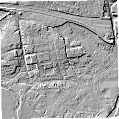 Shaded relief map of the ground around TA11EA, computed from Environment Agency LiDAR. The ground here sits at about 18 m above sea level and falls 11 m across the surrounding 800 m. Surface water reaching this point runs off ground lying to the north-west, 4.6 m higher.