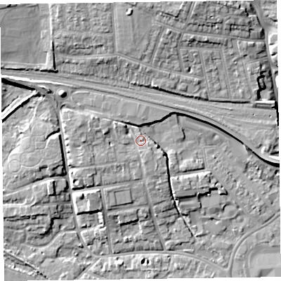 Shaded relief map of the ground around TA11EB, computed from Environment Agency LiDAR. The ground here sits at about 20 m above sea level and falls 13 m across the surrounding 800 m. Surface water reaching this point runs off ground lying to the west-north-west, 4.1 m higher.