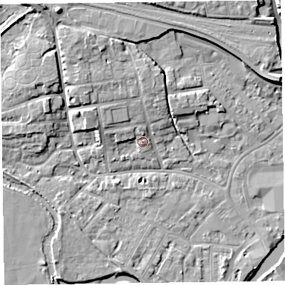 Shaded relief map of the ground around TA11ED, computed from Environment Agency LiDAR. The ground here sits at about 17 m above sea level and falls 10 m across the surrounding 800 m. Surface water reaching this point runs off ground lying to the north-north-west, 5.6 m higher.