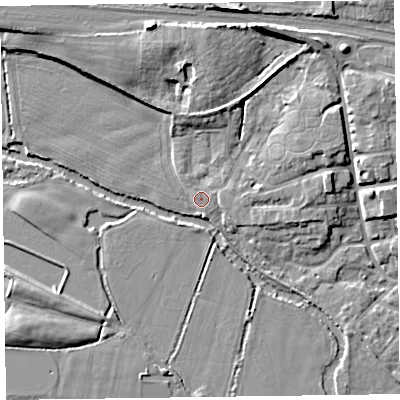 Shaded relief map of the ground around TA11ET, computed from Environment Agency LiDAR. The ground here sits at about 17 m above sea level and falls 12 m across the surrounding 800 m. Surface water reaching this point runs off ground lying to the north-north-east, 10.3 m higher.