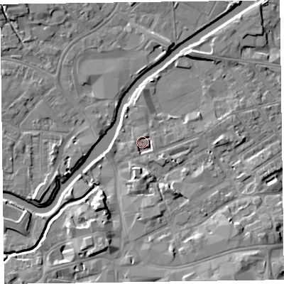 Shaded relief map of the ground around TA11FB, computed from Environment Agency LiDAR. The ground here sits at about 16 m above sea level and falls 10 m across the surrounding 800 m. Surface water reaching this point runs off ground lying to the north-north-east, 1.7 m higher.
