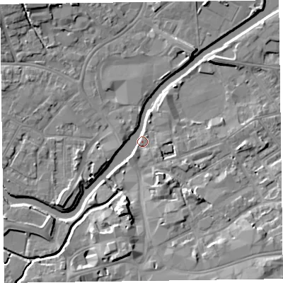 Shaded relief map of the ground around TA11FD, computed from Environment Agency LiDAR. The ground here sits at about 16 m above sea level and falls 10 m across the surrounding 800 m. Surface water reaching this point runs off ground lying to the south-east, 9.8 m higher.