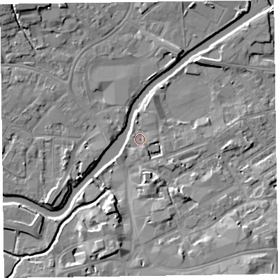 Shaded relief map of the ground around TA11FE, computed from Environment Agency LiDAR. The ground here sits at about 16 m above sea level and falls 12 m across the surrounding 800 m. Surface water reaching this point runs off ground lying to the east, 1.4 m higher.