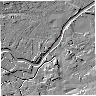 Shaded relief map of the ground around TA11FF, computed from Environment Agency LiDAR. The ground here sits at about 16 m above sea level and falls 12 m across the surrounding 800 m. Surface water reaching this point runs off ground lying to the south-west, 3.4 m higher.