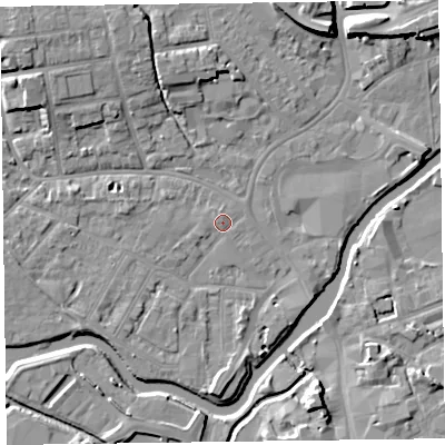 Shaded relief map of the ground around TA11FJ, computed from Environment Agency LiDAR. The ground here sits at about 15 m above sea level and falls 9 m across the surrounding 800 m. Surface water reaching this point runs off ground lying to the north, 0.7 m higher.