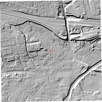 Shaded relief map of the ground around TA11HD, computed from Environment Agency LiDAR. The ground here sits at about 16 m above sea level and falls 10 m across the surrounding 800 m. Surface water reaching this point runs off ground lying to the west-north-west, 3.2 m higher.