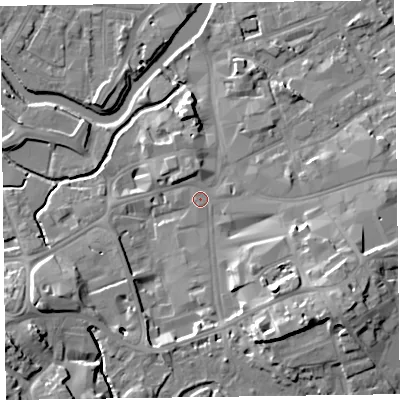 Shaded relief map of the ground around TA11JA, computed from Environment Agency LiDAR. The ground here sits at about 19 m above sea level and falls 17 m across the surrounding 800 m. Surface water reaching this point runs off ground lying to the south-east, 11.5 m higher.