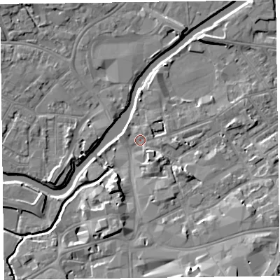 Shaded relief map of the ground around TA11JH, computed from Environment Agency LiDAR. The ground here sits at about 16 m above sea level and falls 12 m across the surrounding 800 m. Surface water reaching this point runs off ground lying to the south-south-east, 9.9 m higher.